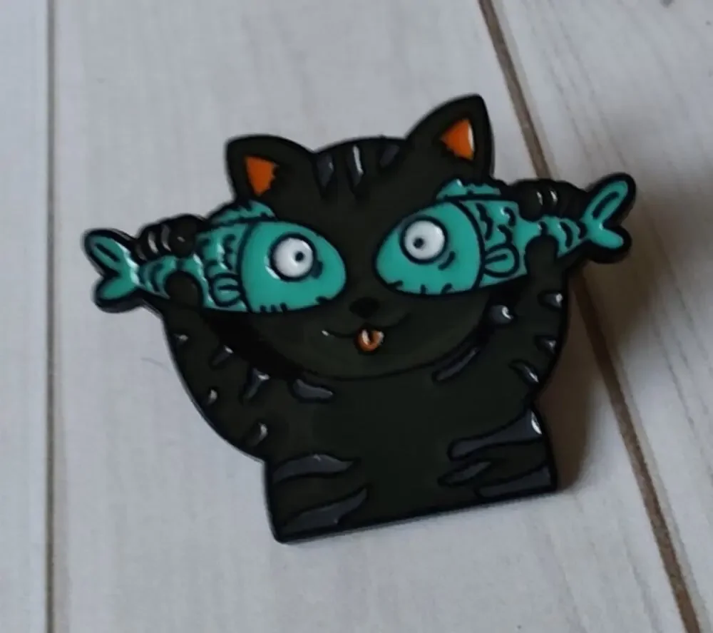 Cute Black Cat in a Fish Mask Pin Kitty Lapel Hat Funny Brooch